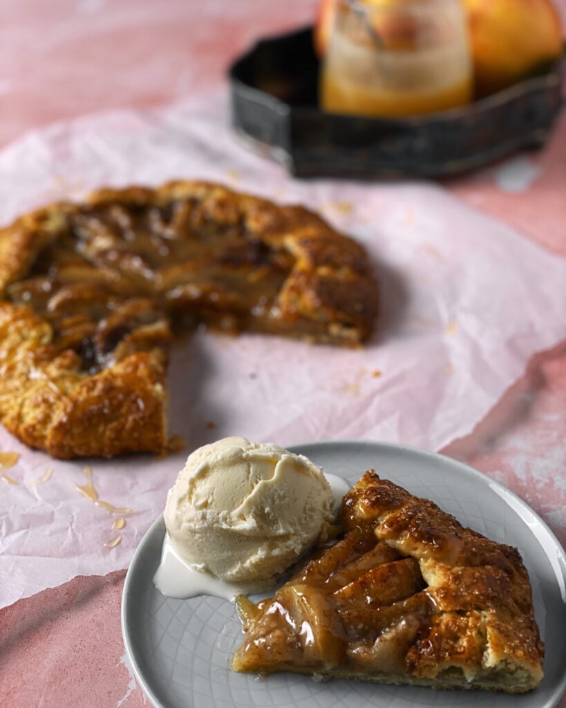 apple galette with bourbon caramel sauce and ice cream
